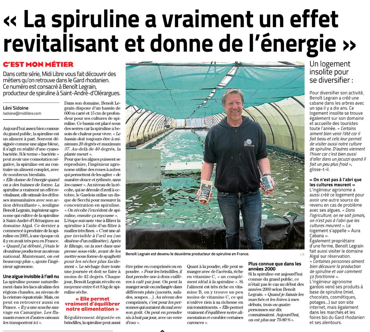 Article Midi Libre Beno&icirc;t Legrain producteur spiruline Domaine Algal Gard